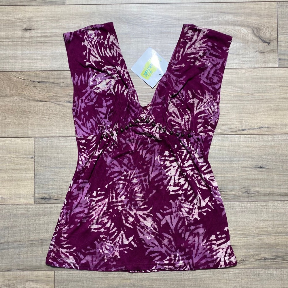 SANTIKI Womens Batik V-Neck Avalon‎ Tank Top Size M Burgundy Pink Beige